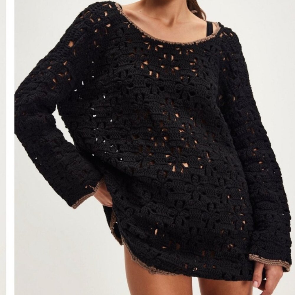 new FREE PEOPLE rue crochet kaftan cover up , thick crochet knit xs s - Picture 2 of 2